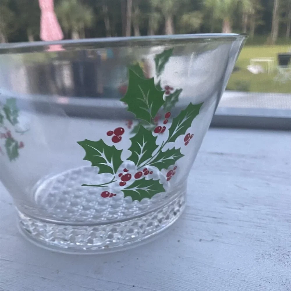 Vintage Holly Berry Ice Bowl Bucket Serving Bowl Indiana Glass